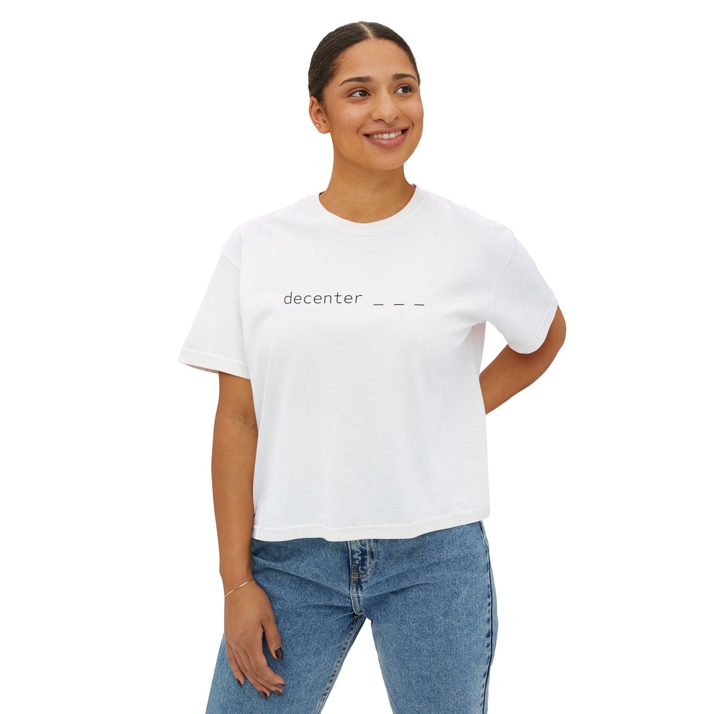 Decenter ___ Minimalist Women's Boxy Tee — Subtle Typographic Crop Top