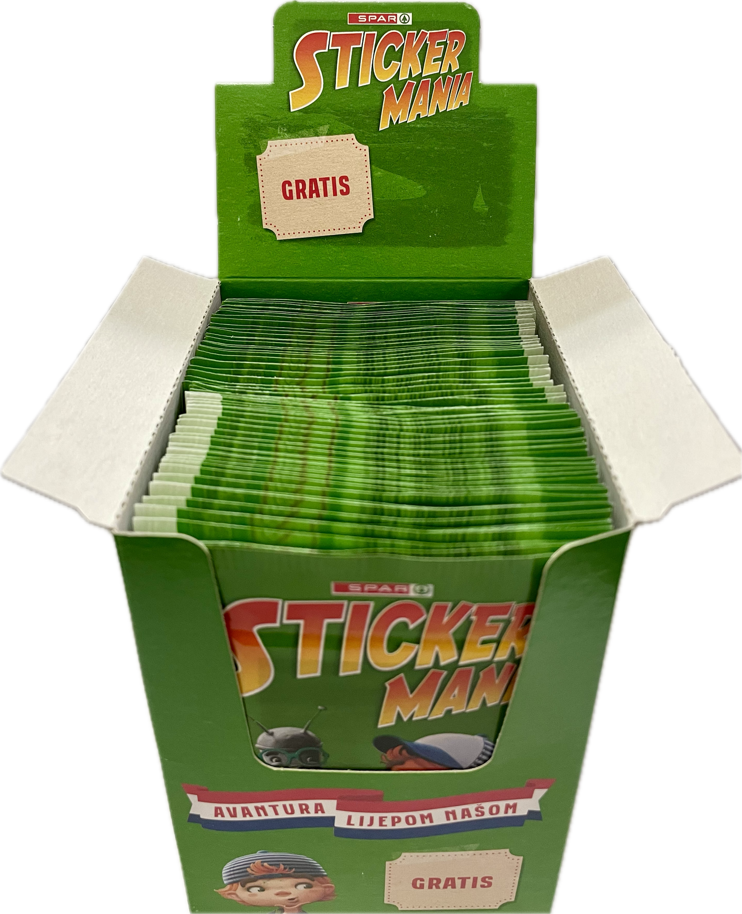 Stickermania Avantura Lijepom Našom otvorena kutija sa 100 paketića sličica